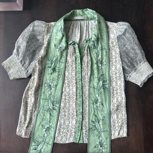 Alice + Olivia Mint Green Floral Tie-Neck Blouse